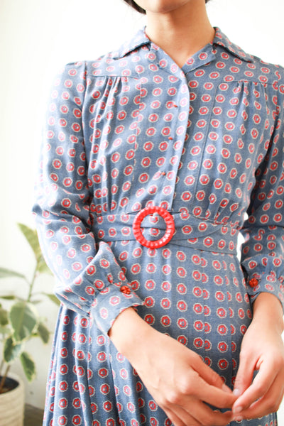 1930s Periwrinkle Cotton Print Pleated Day Dress