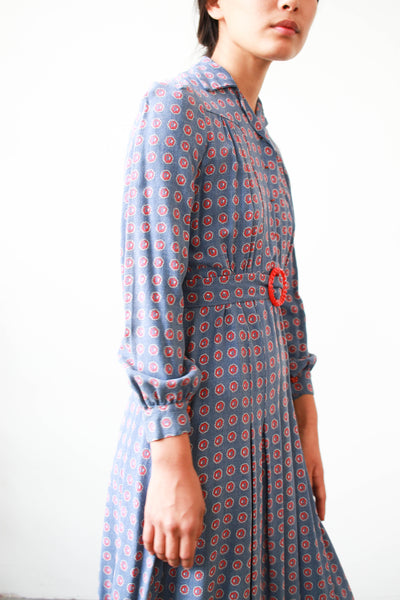 1930s Periwrinkle Cotton Print Pleated Day Dress