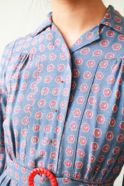 1930s Periwrinkle Cotton Print Pleated Day Dress