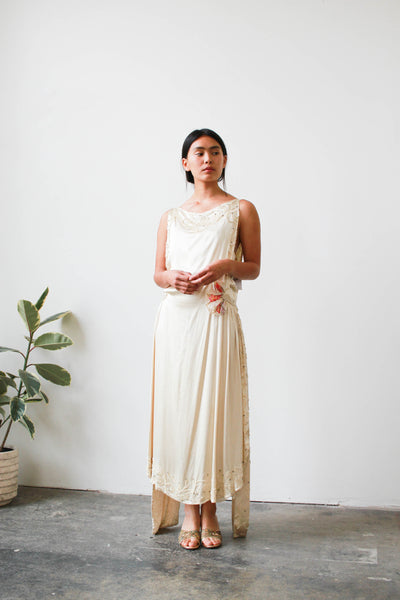 1920s Ecru Silk Satin Beaded Wedding Dress