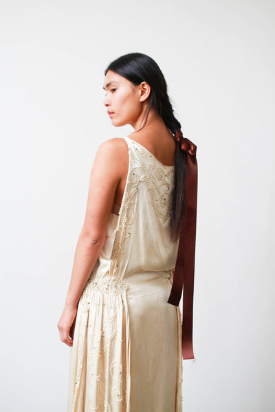 1920s Ecru Silk Satin Beaded Wedding Dress