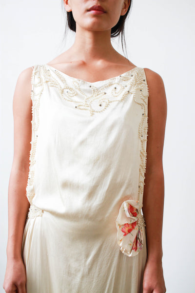 1920s Ecru Silk Satin Beaded Wedding Dress
