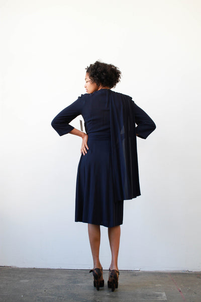 1940s Midnight Blue Rayon Crepe Draped Dress
