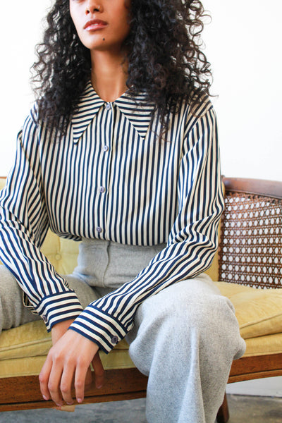 1990s Ann Taylor Navy Striped Silk Blouse