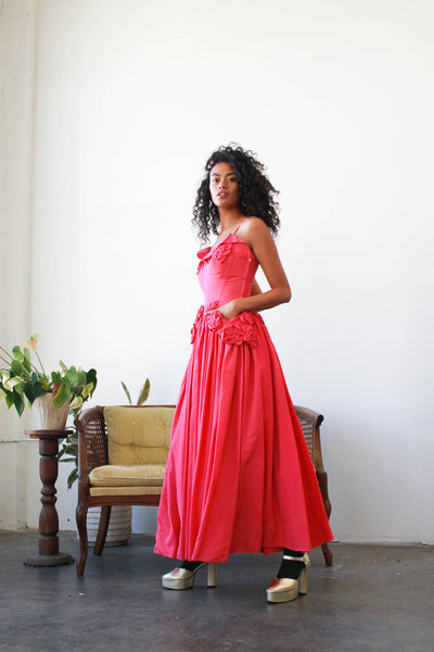 1940s Fuschia Rosette Taffeta Gown
