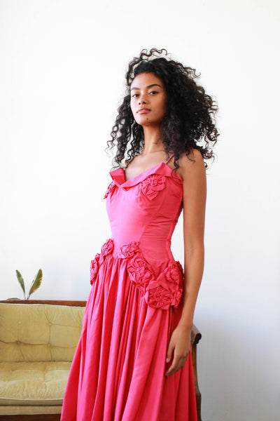 1940s Fuschia Rosette Taffeta Gown