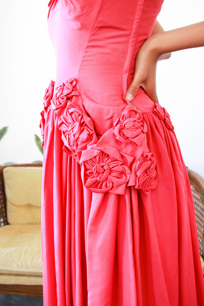 1940s Fuschia Rosette Taffeta Gown