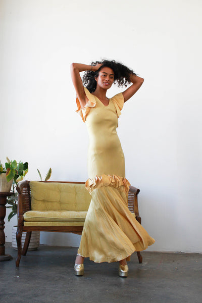 1930s Yellow Gold Satin Pleated Gown