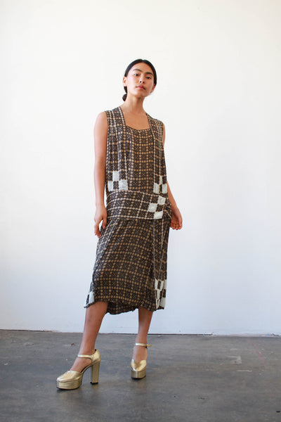 1920s Checkered Beaded Silk Flapper Dress