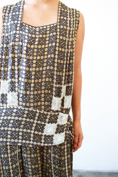 1920s Checkered Beaded Silk Flapper Dress