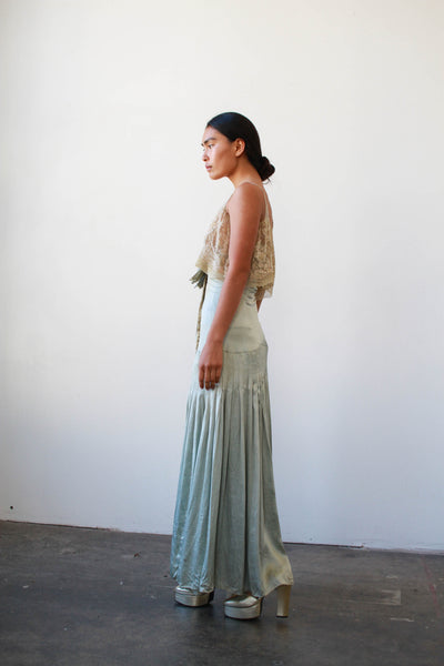 1930s Rare Glacier Blue Silk Satin Lace Gown