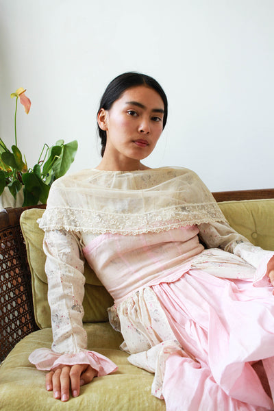 Edwardian Pink Lace Collared Draped Dress