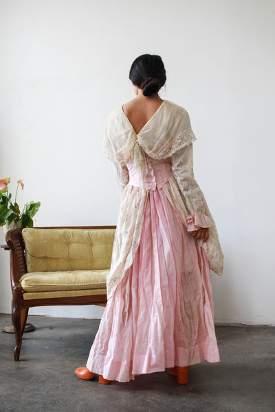 Edwardian Pink Lace Collared Draped Dress