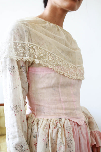 Edwardian Pink Lace Collared Draped Dress