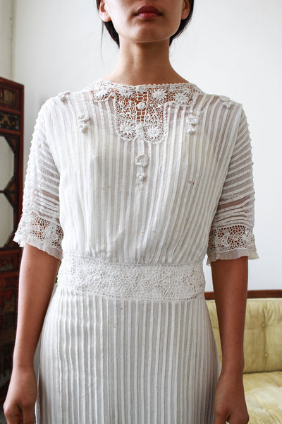 Edwardian White Pleated Net Lace Lawn Dress