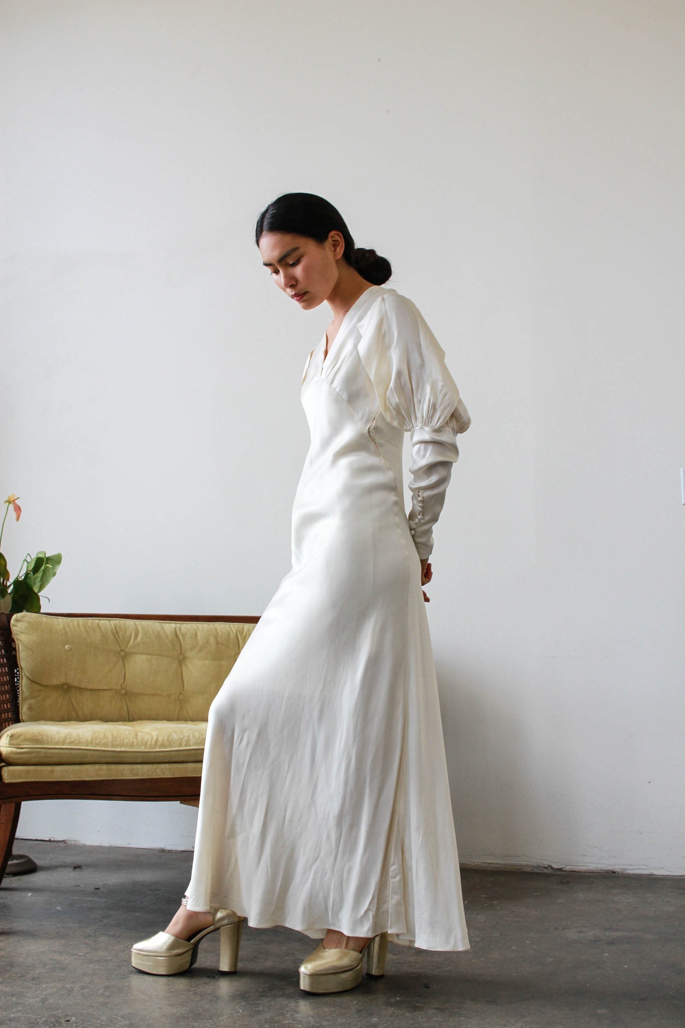 1930s Satin Cream Puff Sleeve Bias Cut Gown