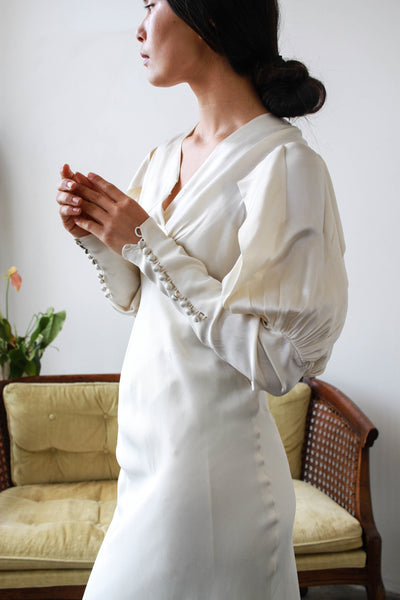 1930s Satin Cream Puff Sleeve Bias Cut Gown