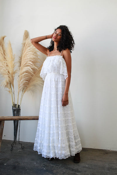 1960s White Mexican Lace Tiered Dress