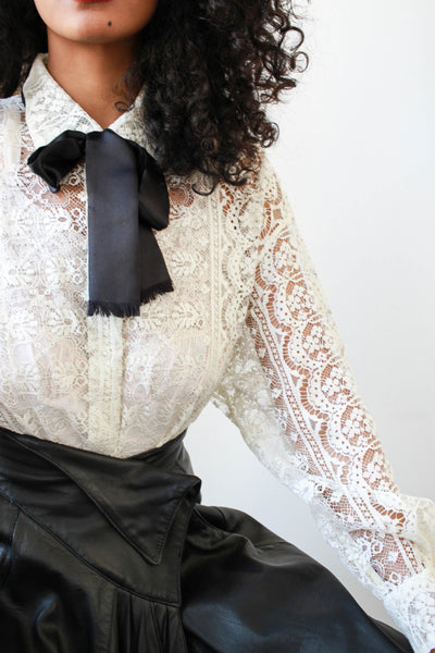1980s DKNY White Lace Button Up Blouse