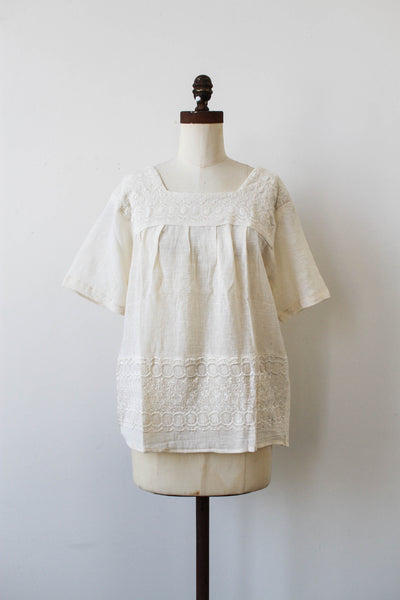 1970s Deadstock Indian Cotton Gauzy Embroidered Tunic Blouse