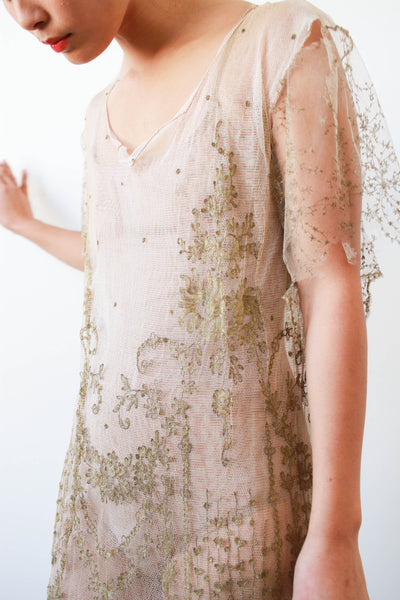 1920s Sheer Layered Net Lace Nude Dress