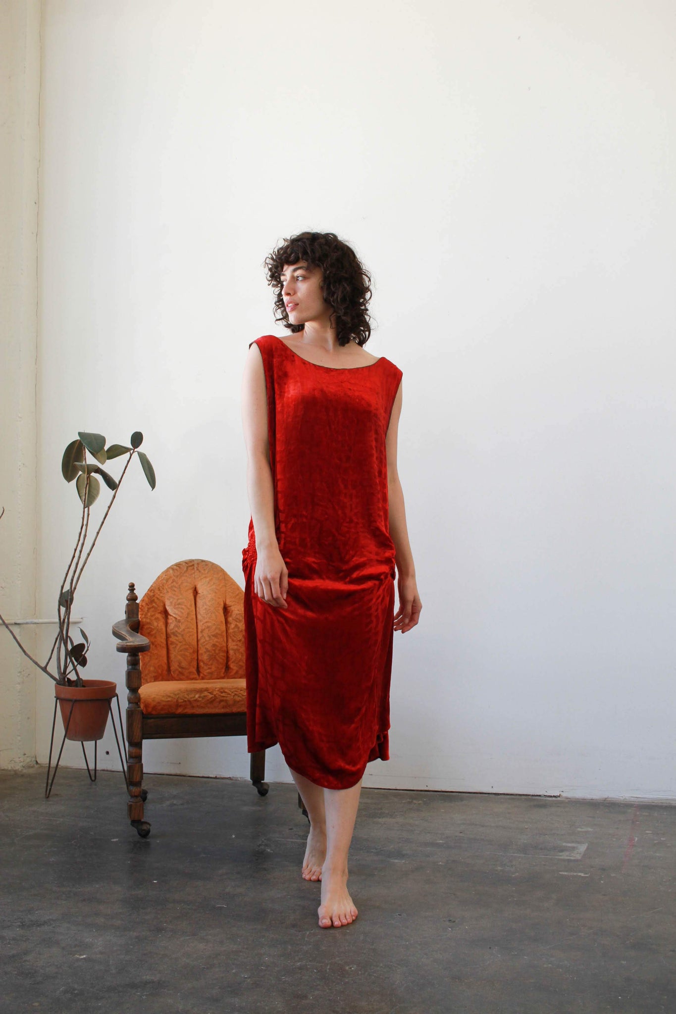 1920s Velvet Crimson Red Damask Dress Blossom Vintage