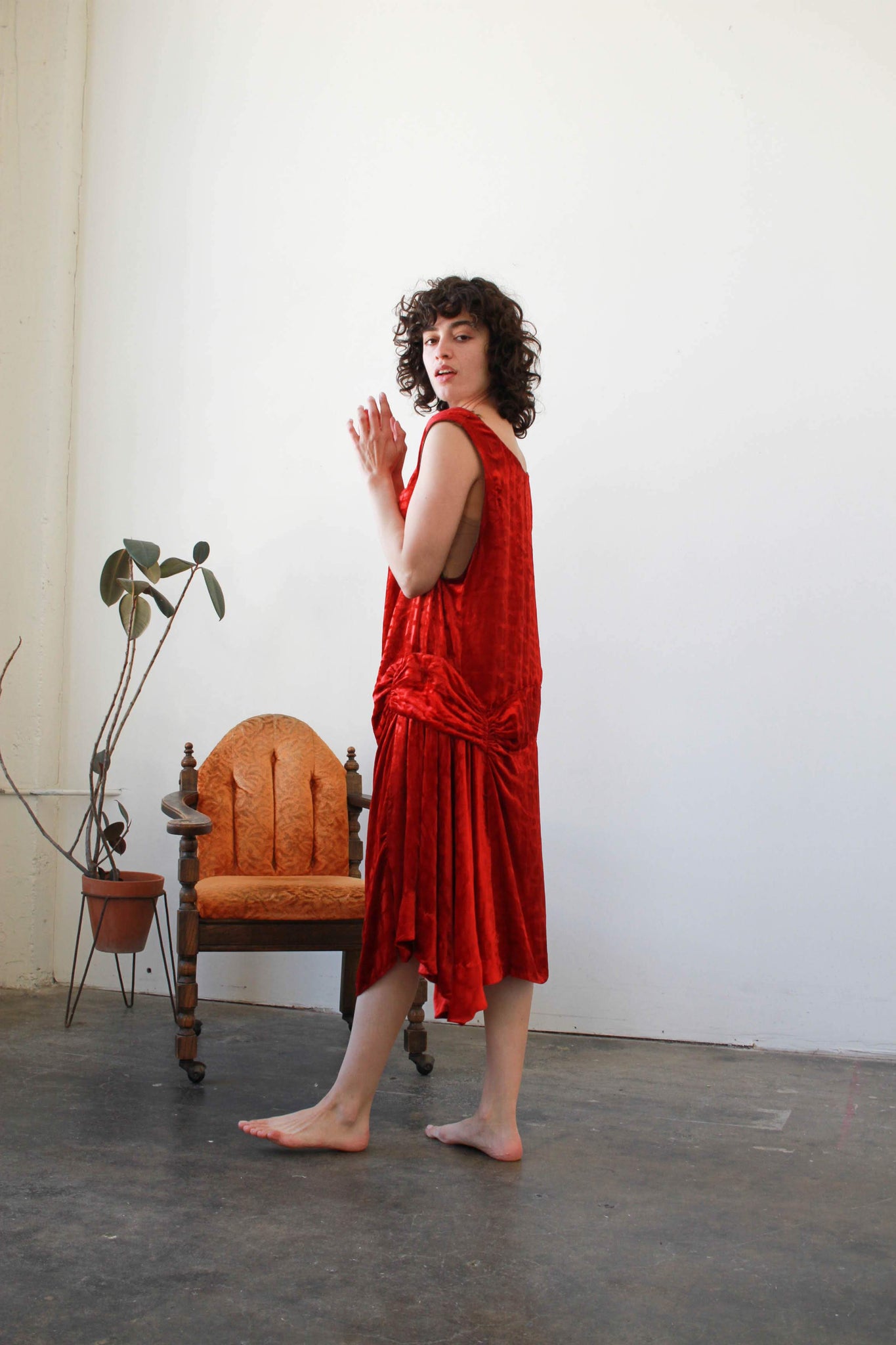 1920s Velvet Crimson Red Damask Dress Blossom Vintage