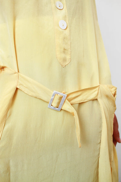 1920s Lemon Silk Drop Waist Belted Dress