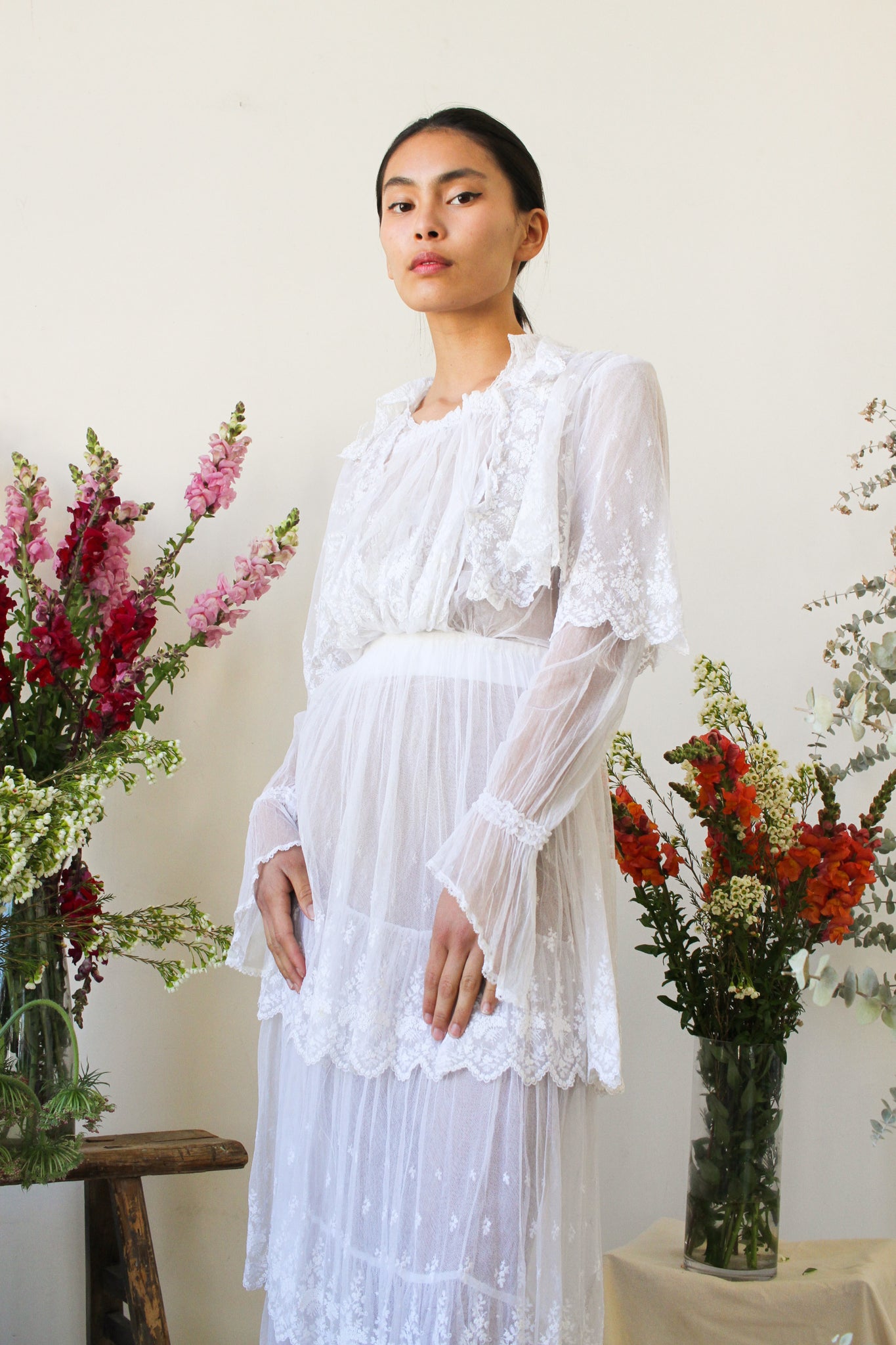 Edwardian White Net Lace Tiered Dress