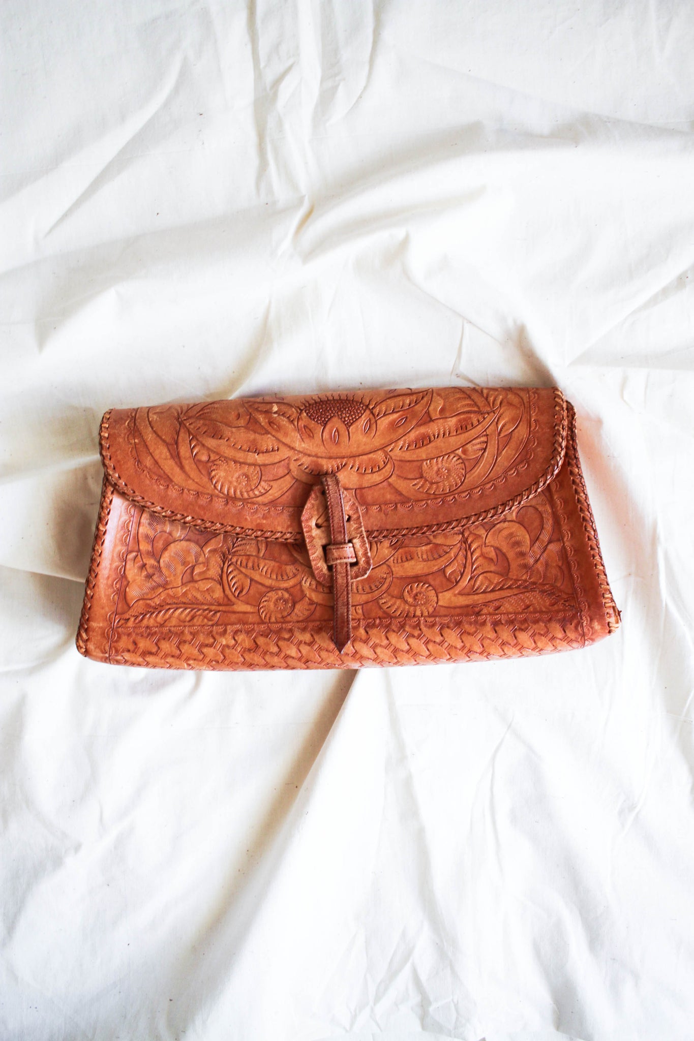 1940s Tooled Leather Clutch Bag