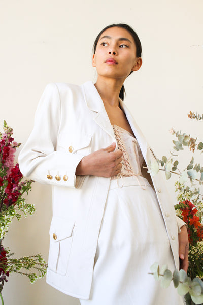 1980s White Chanel Silk Skirt Suit Set