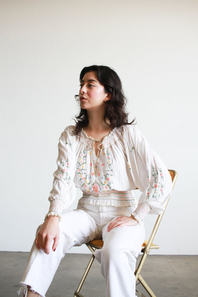 1940s White Rayon Hungarian Embroidered Blouse