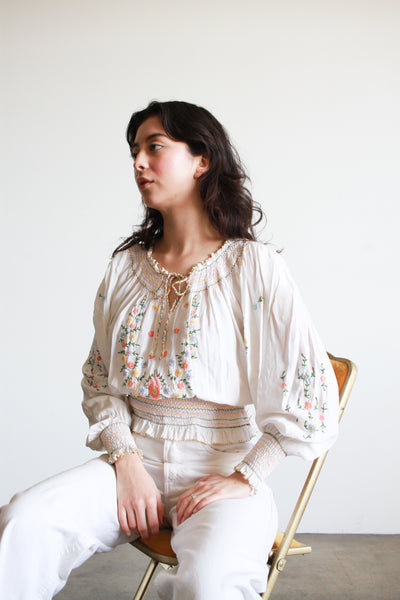 1940s White Rayon Hungarian Embroidered Blouse