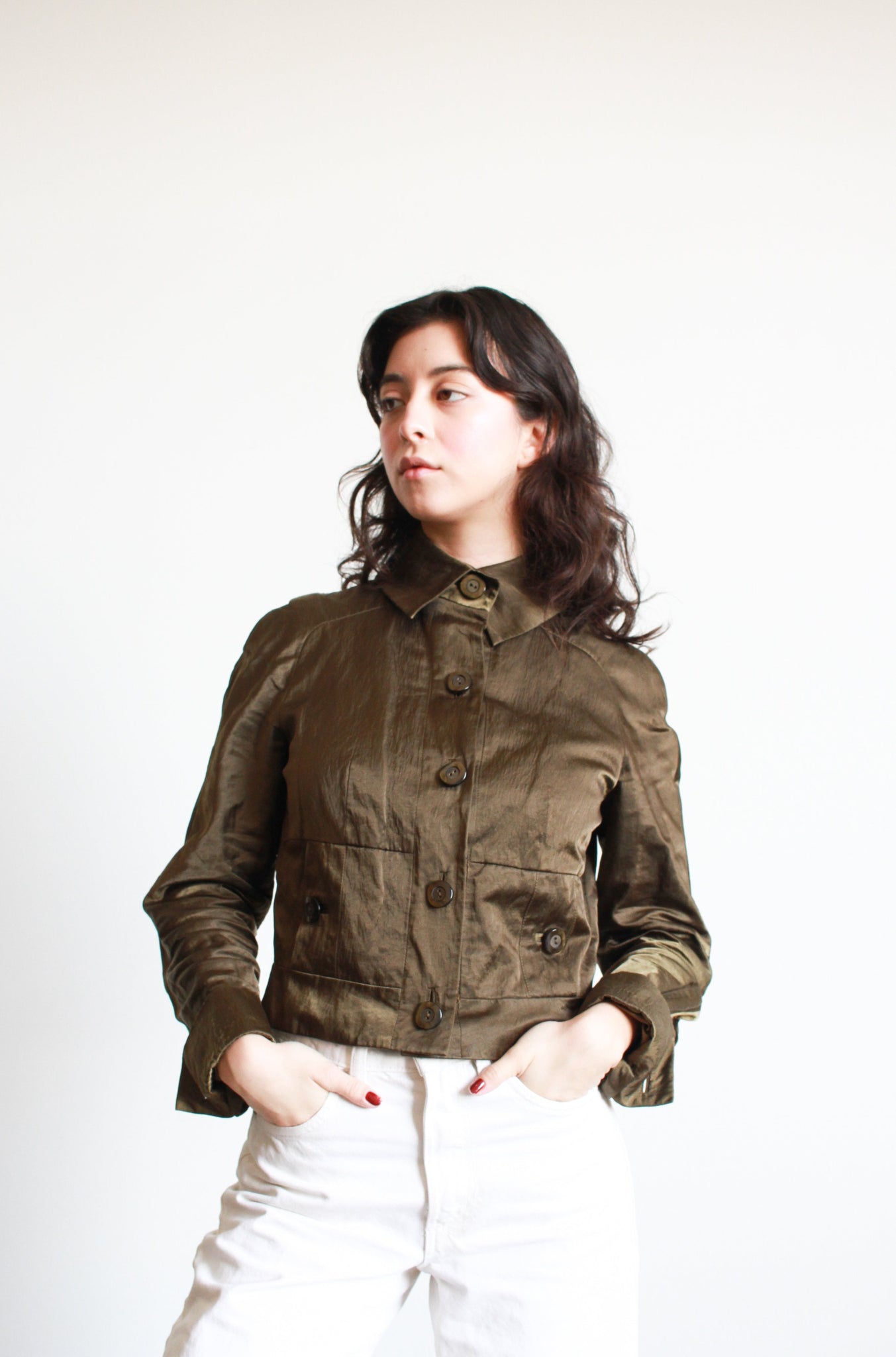 1990s Carlisle Olive Satin Crop Jacket