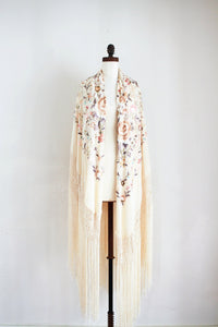 1930s Deadstock Buttercream Silk Canton Embroidered Large Piano Shawl