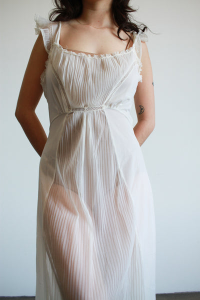 1950s White Pleated Ruffle Slip Dress