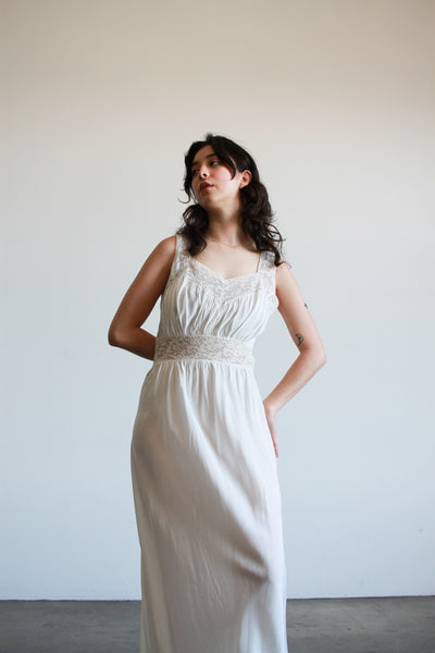 1940s White Rayon Silk Lace Slip Dress
