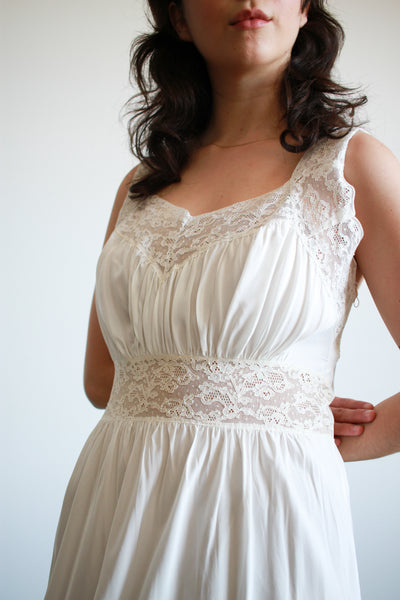 1940s White Rayon Silk Lace Slip Dress