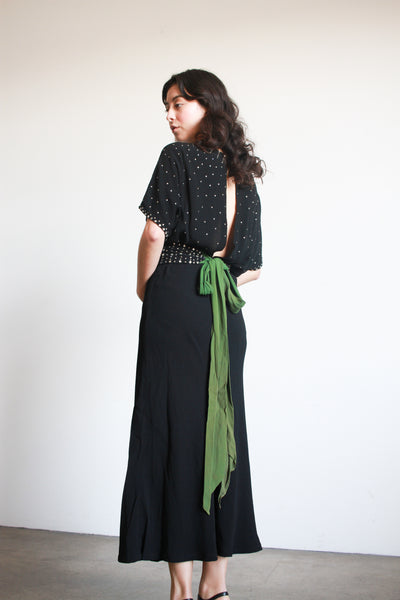1940s Black Crepe Silk Rhinestone Belted Gown