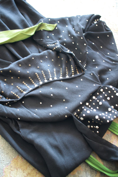 1940s Black Crepe Silk Rhinestone Belted Gown