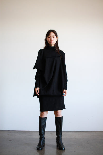 1980s Issey Miyake Black Knit Structural Tunic Dress