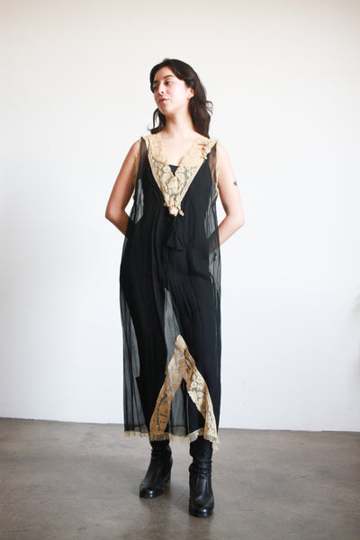 1920s Black Silk Chiffon Rosette Slip Dress