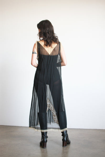 1920s Black Silk Chiffon Rosette Slip Dress