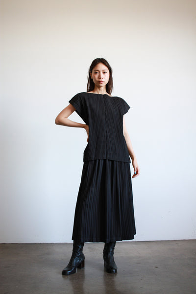 1980s Issey Miyake Black Cotton Pleated Skirt Set