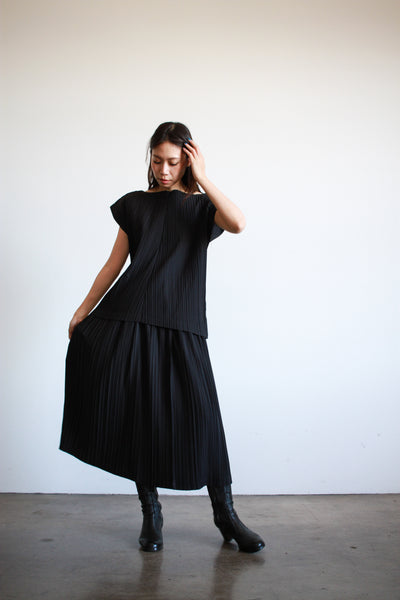 1980s Issey Miyake Black Cotton Pleated Skirt Set