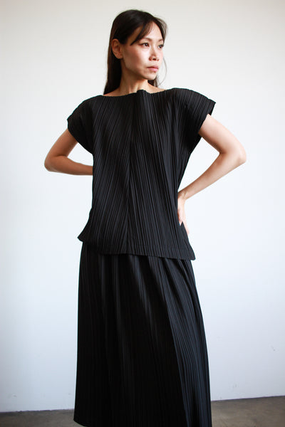 1980s Issey Miyake Black Cotton Pleated Skirt Set