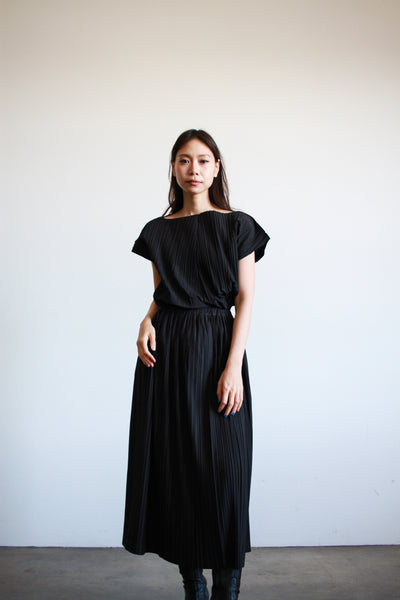 1980s Issey Miyake Black Cotton Pleated Skirt Set