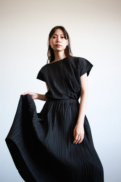 1980s Issey Miyake Black Cotton Pleated Skirt Set