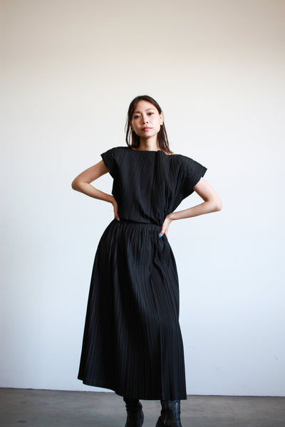 1980s Issey Miyake Black Cotton Pleated Skirt Set