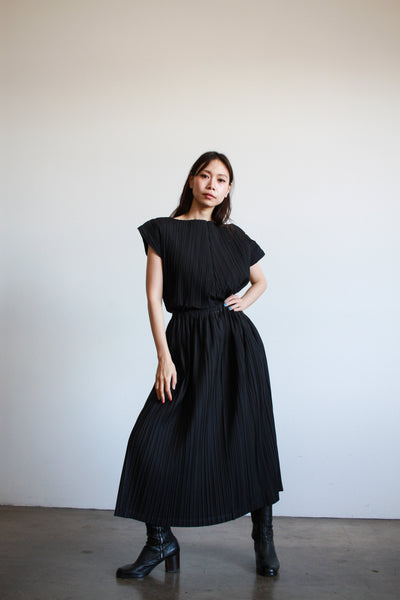 1980s Issey Miyake Black Cotton Pleated Skirt Set